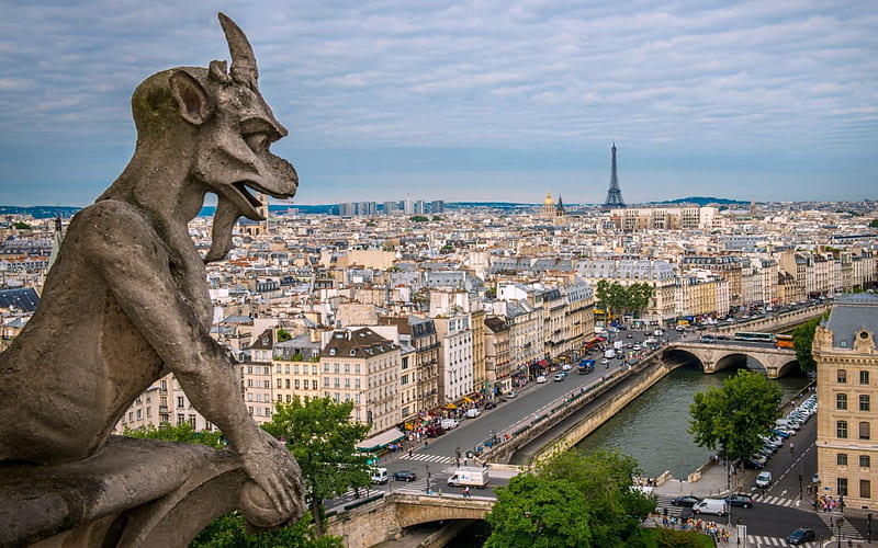 Cityscape of Paris from Notre Dame Cathedral, Eiffle Tower, Gargoyle, Cityscape, Paris, HD wallpaper