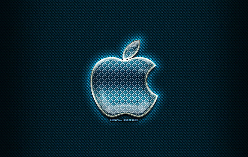 Apple glass logo, blue background, artwork, Apple, brands, Apple rhombic logo, creative, Apple logo, HD wallpaper