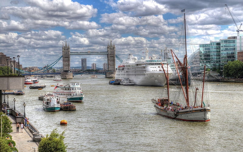 thames, ships, promenade, london, HD wallpaper