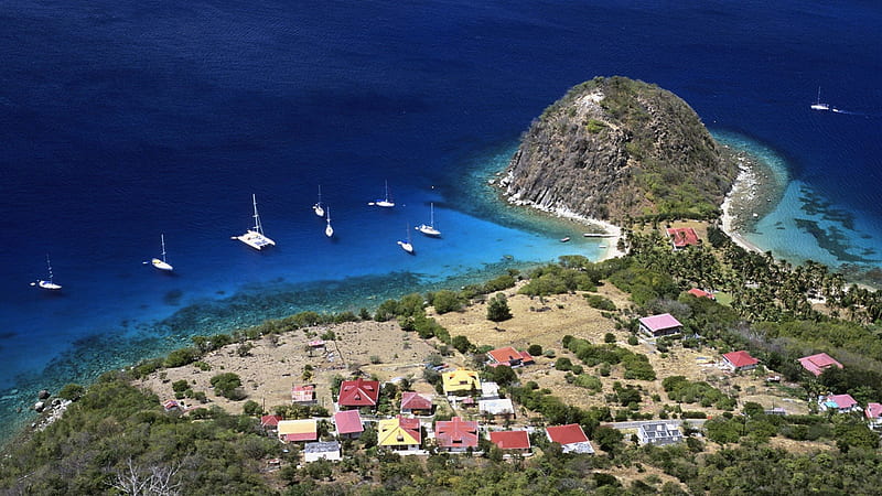 hill on a caribbean coast, boats, village, hill, coast, sea, HD wallpaper