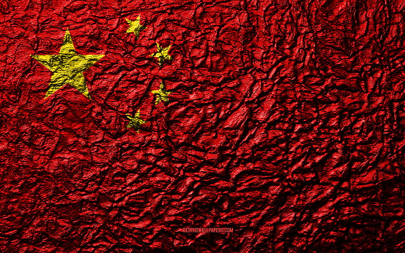 Flag of China stone texture, waves texture, Chinese flag, national symbol, China, Asia, stone background, HD wallpaper
