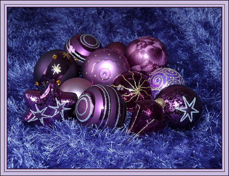 PURPLE & BLUE, purple, balls, christmas, tinsel, decorations, blue, HD wallpaper