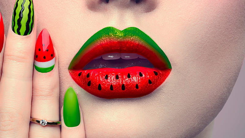 Watermelon style, red, mouth, nails, woman, lips, fruit, green, watermelon, makeup, summer, stuff, HD wallpaper