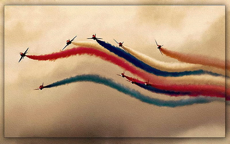 dom sky, red, colors, sky, clouds, jets, ariel display, white, jet smoke streams, blue, HD wallpaper