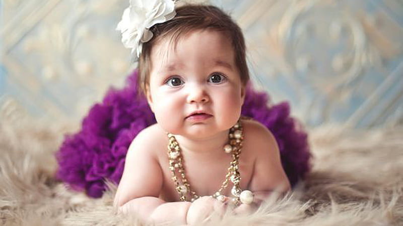 Closeup View Of Cute Baby Girl Child Is Lying Down On Fur Cloth Wearing Purple Dress Cute, HD wallpaper