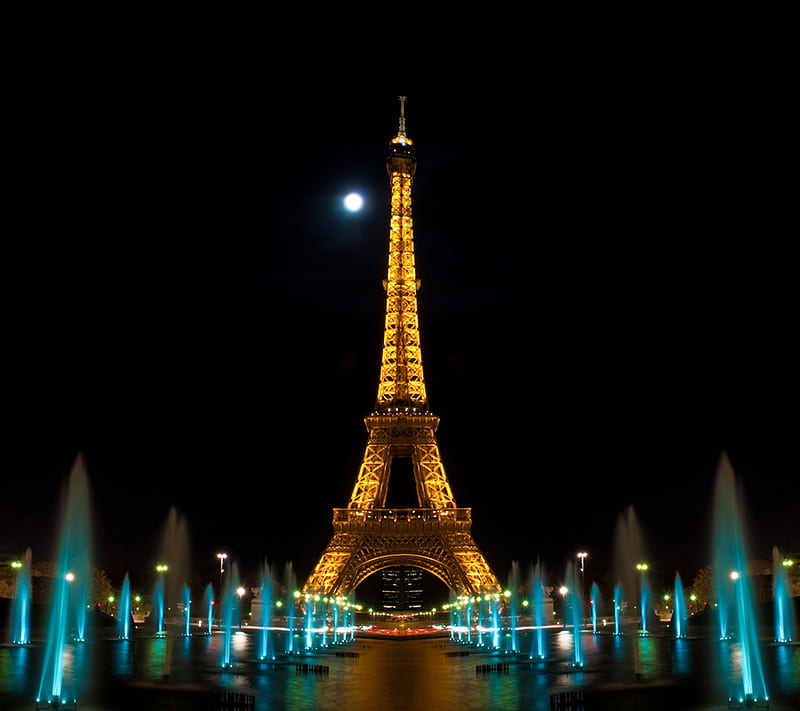 Eiffel Tower, eiffeltower, landscape, love, moon, paris, water, HD wallpaper