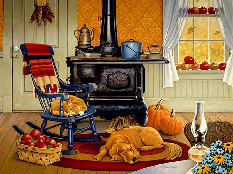 Warm And Cozy, autumn, lantern, window, apples, cat, door, teapot, wood stove, basket, flowers, chair, pumpkins, dog, HD wallpaper