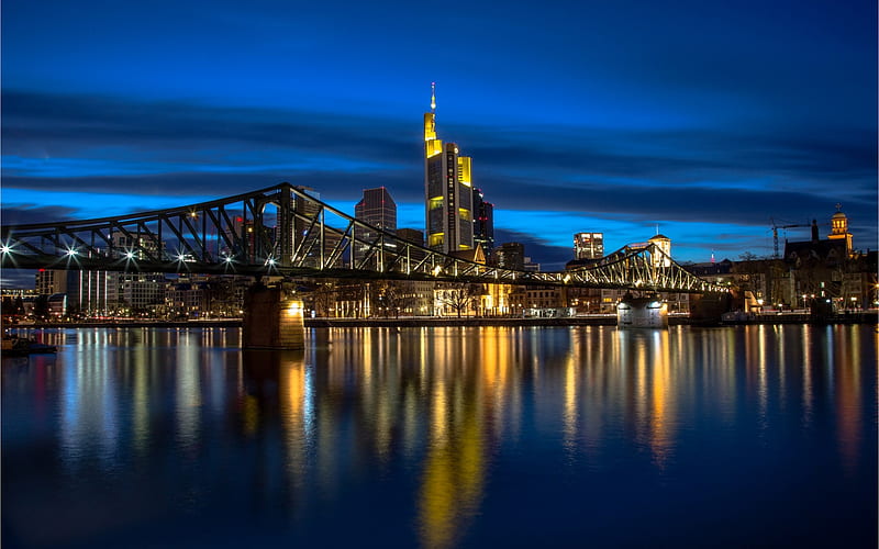 Steg bridge, Eiserner Steg, Frankfurt, night, footbridge, Main river, Germany, cityscape, skyscrapers, HD wallpaper