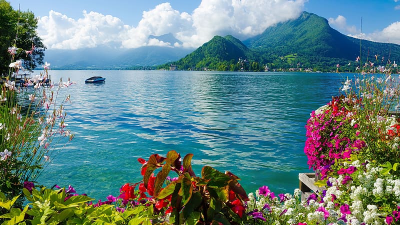 Lake Annecy, France, mountains, blossoms, landscape, clouds, flowers, sky, HD wallpaper