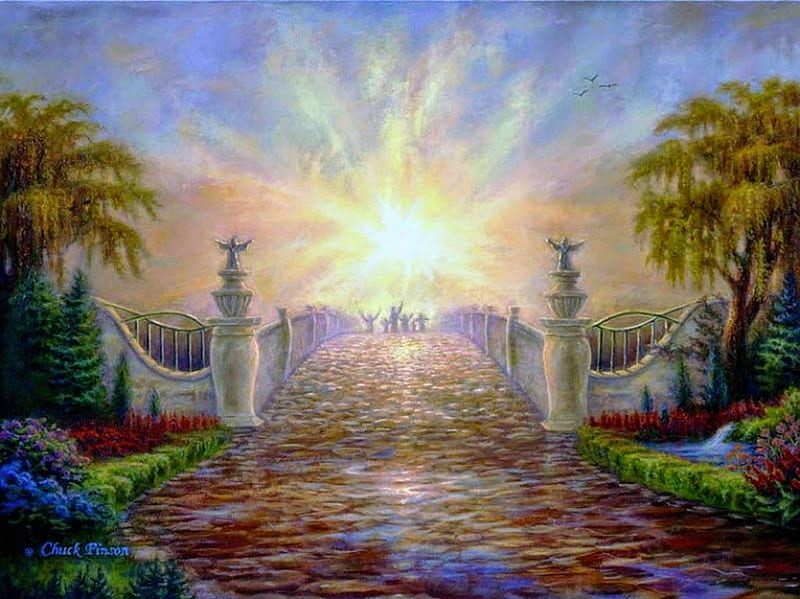 Heaven's Garden, gate, bridge, painting, flowers, trees, sky, artwork, light, HD wallpaper