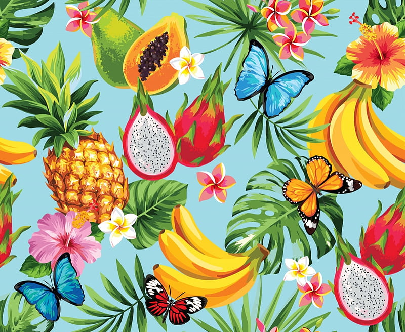 Texture, exotic, yellow, papaya, ananas, leaf, vara, green, butterfly, summer, flower, banana, blue, colorful, red, pattern, pineapple, paper, HD wallpaper