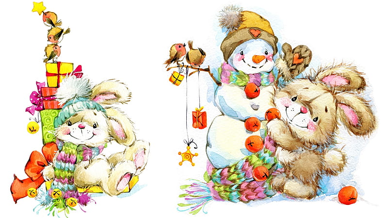 Christmas Bunnies, Christmas, holiday, snowman, cartoon, winter, cute, rabbits, bunnies, Firefox Persona theme, HD wallpaper