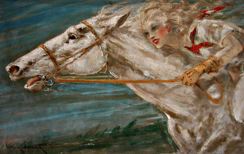 Pursang by Louis Icart, art, race, oil, blonde, horse, woman, run, pursang, girl, louis icart, painting, HD wallpaper