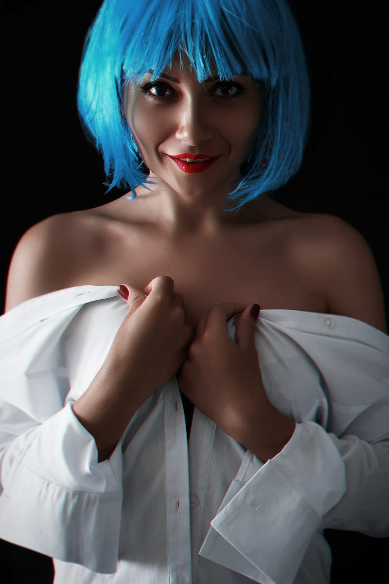 blue hair, bare shoulders, women, model, HD phone wallpaper