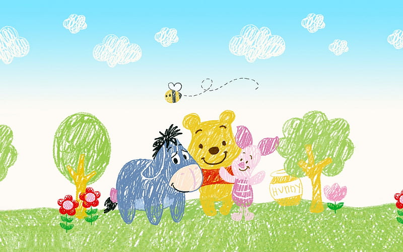 Winnie The Pooh: Crayola Style, colorful, Disney, trees, sky, clouds, sweet, Hundred Acre Wood, cute, winnie the pooh, Eeyore, crayola, flowers, Piglet, HD wallpaper