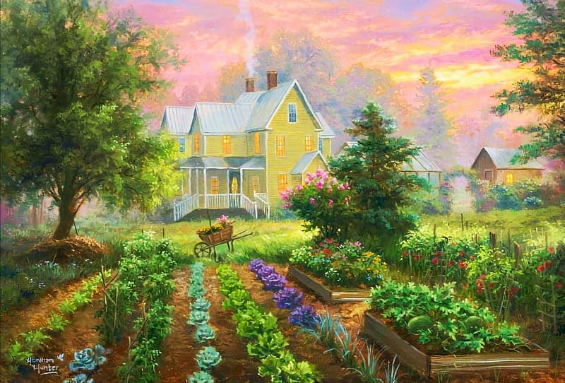 Summer Garden, cottage, vegetables, artwork, painting, garden, trees, HD wallpaper