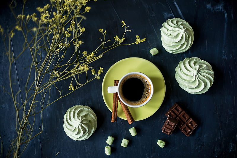 Still Life with Coffee, Cup, Coffee, Meringue, Chocolate, HD wallpaper