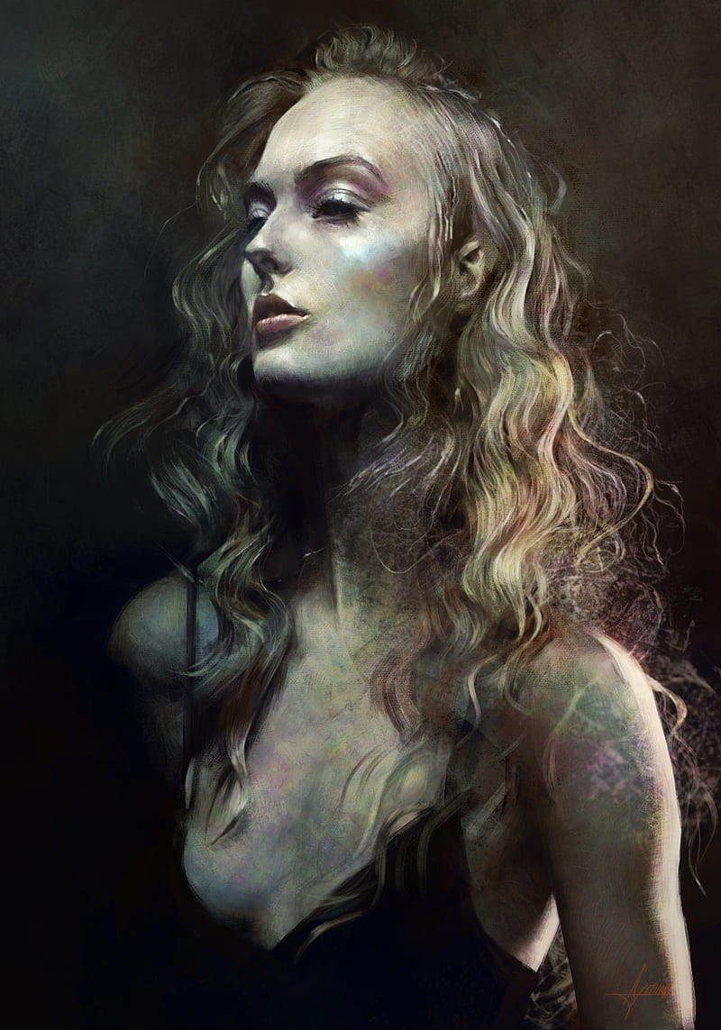 Christophe Young, women, portrait display, blond hair, looking at the side, blonde, looking into the distance, pale, hair , digital art, digital painting, black tops, Black top, long hair, white hair, wavy hair, cleavage, Long Neck, bare shoulders, elves, pointed ears, artwork, sensual gaze, fan art, black eyes, messy hair, portrait, open mouth, Black clothes, simple background, eyes, black background, elf ears, black clothing, ArtStation, HD phone wallpaper