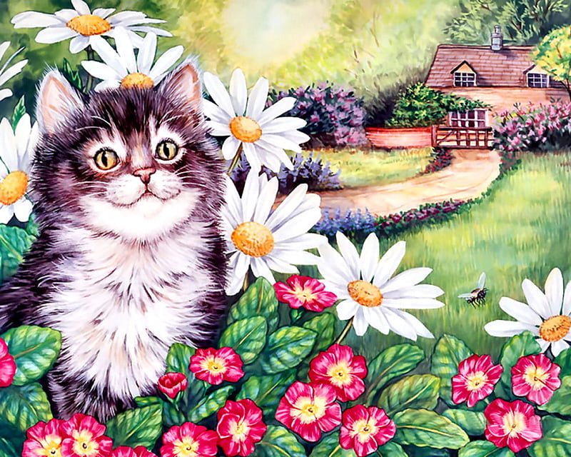 Kitten and Honey Bee - Cat F, art, bonito, pets, artwork, animal, daisies, feline, painting, wide screen, flowers, kitten, cats, HD wallpaper