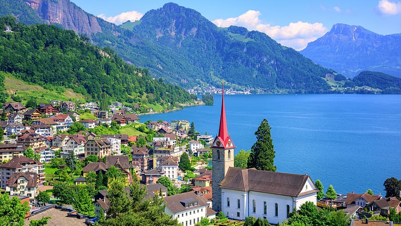Engelberg, Lake Lucerne, Switzerland, clouds, landscape, sky, church, houses, mountains, alps, village, HD wallpaper
