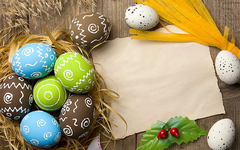 Easter eggs, spring, wooden background, Easter, HD wallpaper