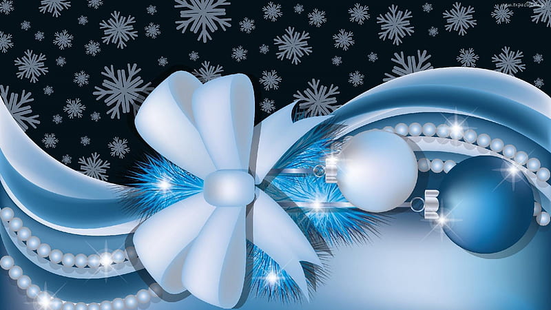 ღ.Gorgeous of Blue Bow Balls.ღ, pretty, ribbons, bows, xmas, greetings, sweet, splendor, gorgeous of blue bow balls, lovely, christmas, celebration, black, new year, winter, happy, cool, balls, shining, ornaments, festival, christmas tree, holidays, dazzling, tinsel, shine, bonito, seasons, merry, party time, decorations, pearls, blue, gorgeous, amazing, stripes, romantic, colors, winter time, snowflakes, curve, HD wallpaper