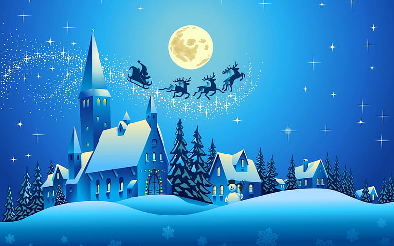 Christmas scene, santa, moon, christmas, church, winter, HD wallpaper