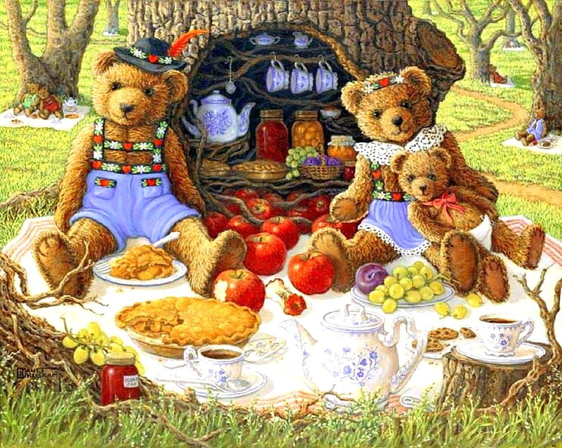 ★Bentley's Family Picnic★, pretty, family, fruits, attractions in dreams, bonito, desserts, teapots, picnic, teddy bears, paintings, cups, lovely, colors, love four seasons, creative pre-made, happy, cute, weird things people wear, gardens and parks, nature, getaway, HD wallpaper