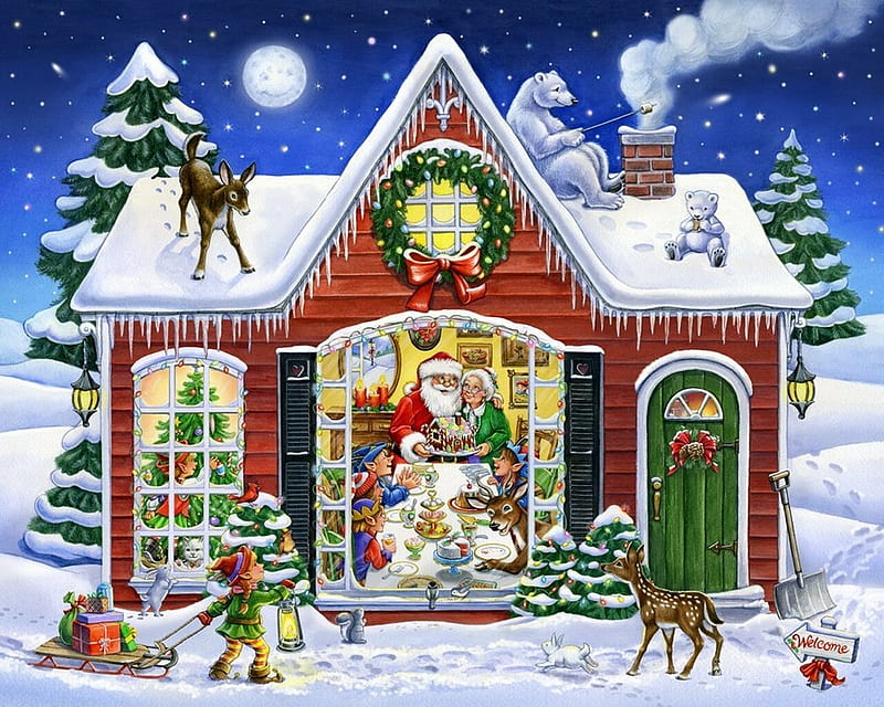 Santa's house, santa, house, craciun, christmas, painting, pictura, deer, art, elf, reindeer, HD wallpaper