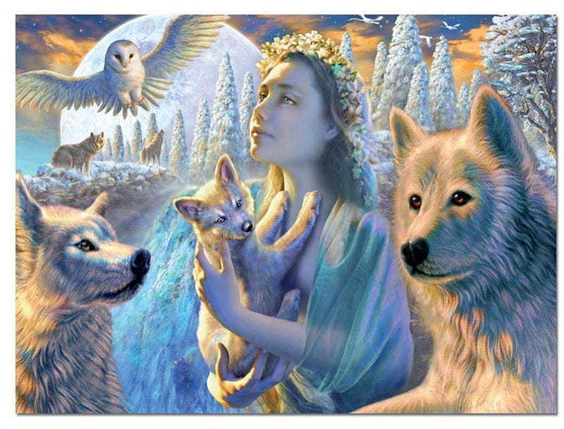 Wolves & Girl, girl her lap, forest, rock, birds, little wolf, trees, wolf family, animal, winter, fantasy, snow owl, moon, girl, pine, wolves, HD wallpaper