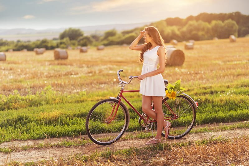 Beauty, female, bicycle, woman, splendor, girl, path, bike, sunshine, lady, HD wallpaper