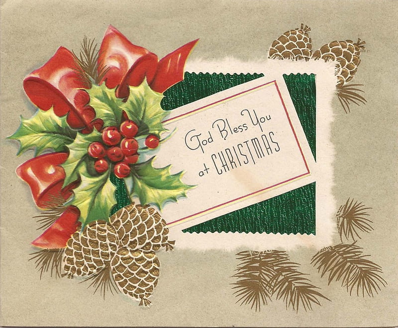 Merry Christmas!, red, christmas, ribbon, bow, card, mistletoe, retro, green, cone pine, white, vintage, HD wallpaper