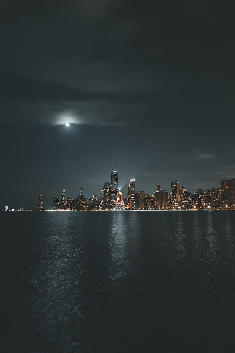 night city, lake, panorama, buildings, architecture, HD phone wallpaper