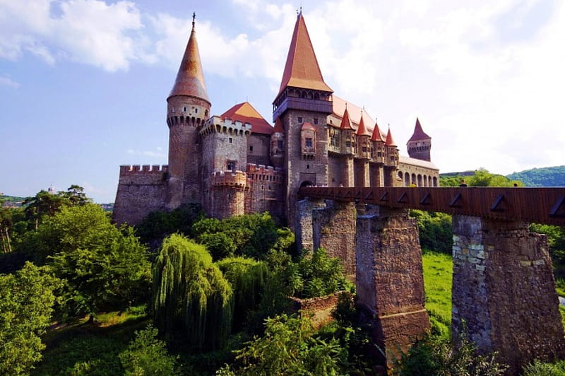 Castle Hunedoara, Romania, bridge, ancient, transylvania, tower, HD wallpaper