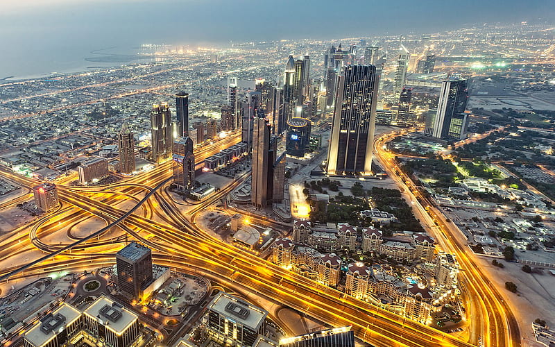 Dubai, evening, skyscrapers, Dubai aerial view, Dubai panorama, UAE, Dubai cityscape, United Arab Emirates, HD wallpaper