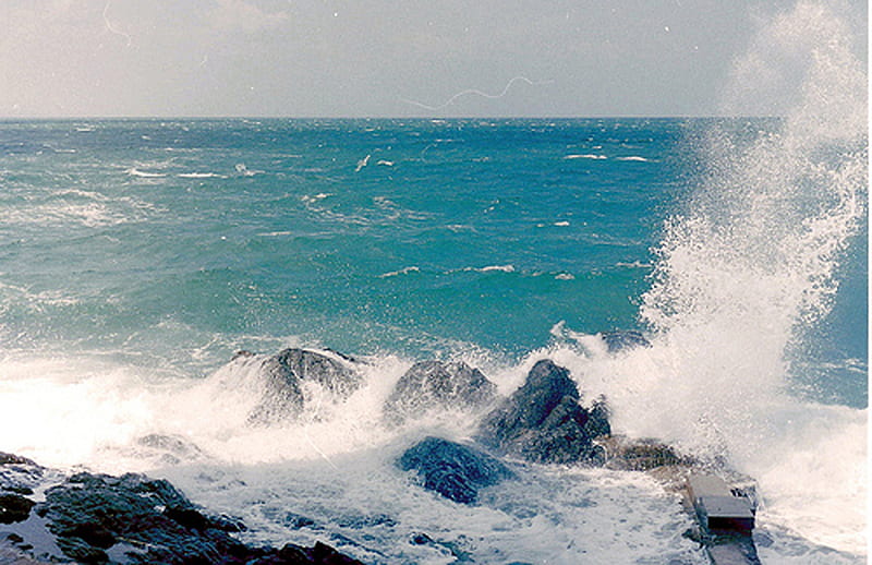 Wave Break, rocks, water, foam, ocean, white, sea, blue, HD wallpaper