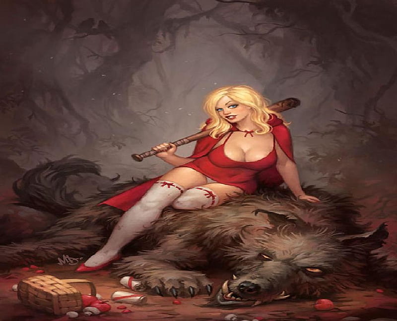 She Can Take Care Of Herself Now, wolf, basket, red riding hood, baseball bat, HD wallpaper