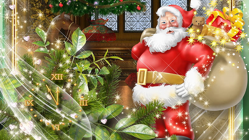 Santa New Year, feliz navidad, saint nicholas, christmas, time, clock, firefox persona, gift, saint nick, santa claus, leaves, HD wallpaper