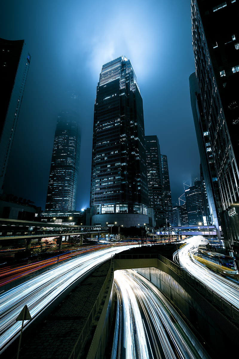 night city, skyscraper, long exposure, HD phone wallpaper