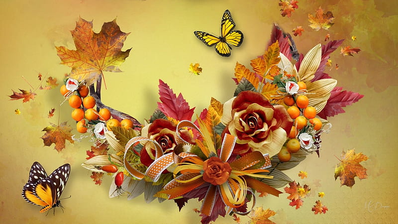 Beauties of Fall, fall, autumn, s, ribbon, butterflies, leaves, berries, decorations, flowers, HD wallpaper