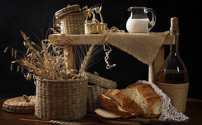 *** Still life ***, baskets, glass, food, bread, milk, HD wallpaper