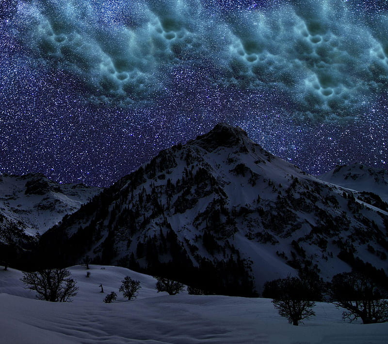 Winter night, clouds, ice, mountain, sky, snow, stars, winte, HD wallpaper