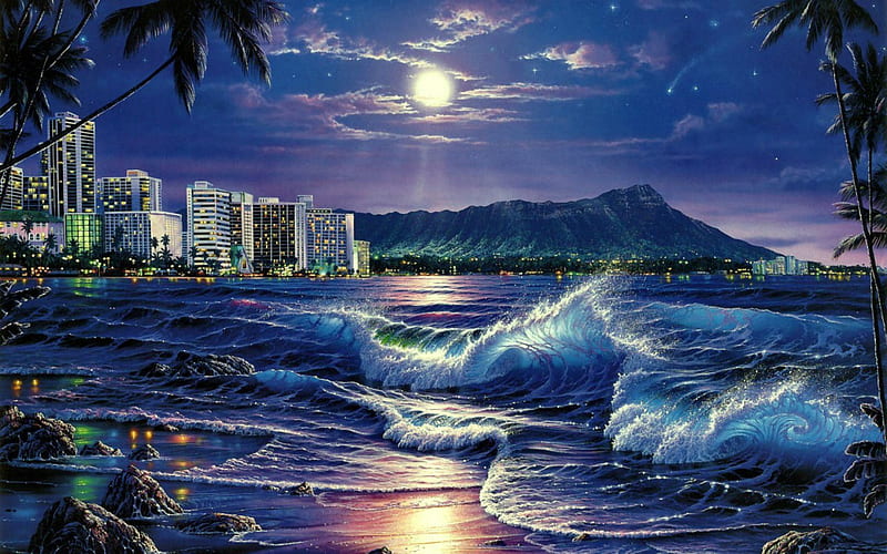 Moonscape of Hawaii Artwork, Art, Moon, Hawaii, Diamond Head, HD wallpaper