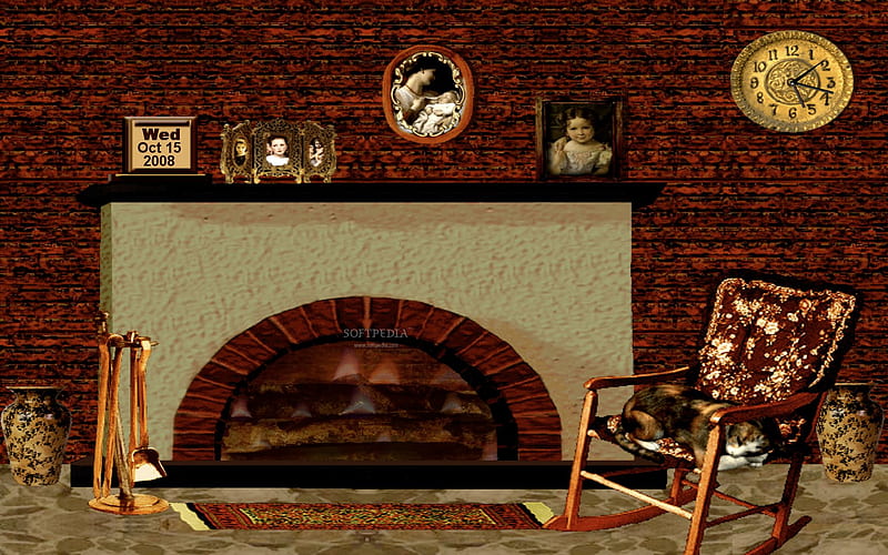 Cozy Winter Fireplace, fireplace, fire, graphy, chear, living room, clock, bonito, cat, HD wallpaper