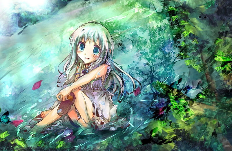 Menma, tree, water, girl, anime, white hair, nature, blue eyes, HD wallpaper