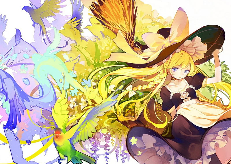 ~The Book of Magic~, witch, colorful, dress, kirisame marisa, book, birds, blonde, broom, hat, anime, touhou, flowers, HD wallpaper