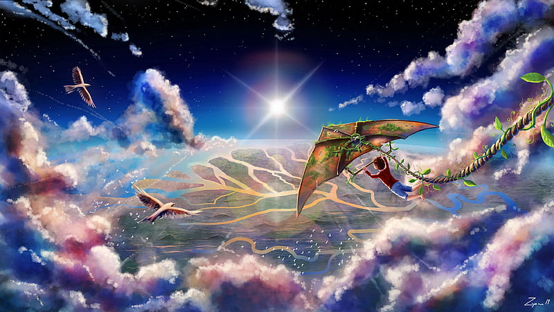 boy, kite, clouds, flight, art, HD wallpaper