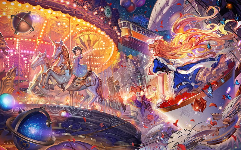 Alice in Wonderland, alice, manga, wonderland, yellow, horse, girl, carousel, anime, pink, blue, HD wallpaper