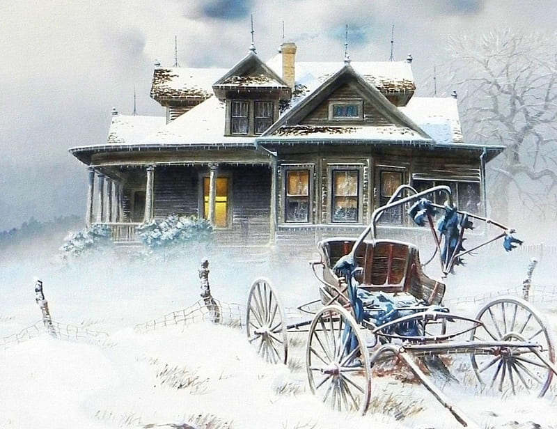 Deep Winter, house, snow, cart, trees, landscape, HD wallpaper