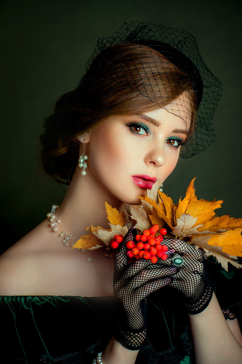 Olga Boyko, women, hat, fishnet, gloves, jewelry, fashion, glamour, Retro style, make up, eyeshadow, lipstick, lip gloss, brown eyes, looking at viewer, fall, leaves, food, fruit, rings, earring, necklace, beads, dress, portrait, simple background, HD phone wallpaper